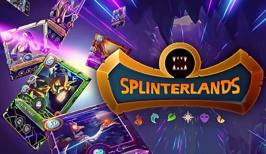 Tela promocional de Splinterlands com personagens de fantasia e cartas digitais
