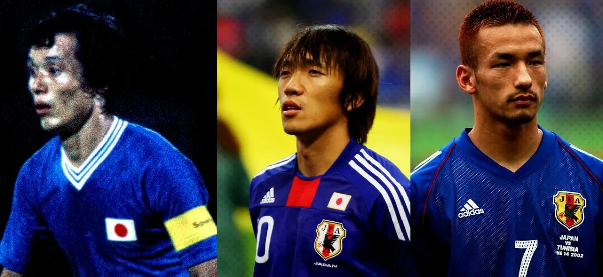 Lendas do futebol japonês Kamamoto, Nakamura e Nakata em montagem sobre lendas do futebol japonês