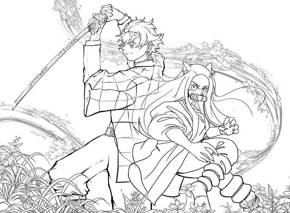 Image principale de Demon Slayer avec tous les personnages en contours noirs