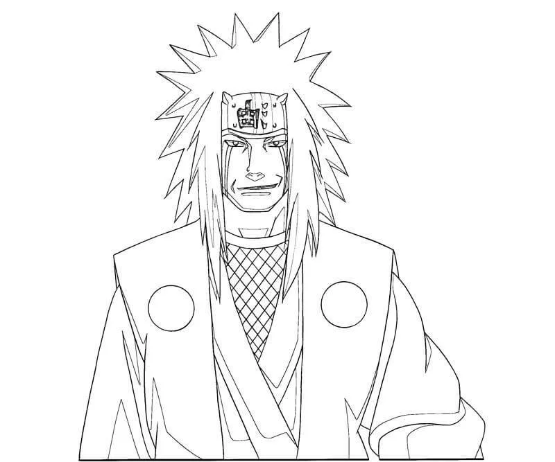 Jiraiya en action avec sa coiffure blanche en pointes et sa tenue ninja prêt à être colorié