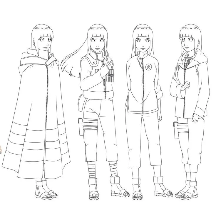 Hinata Hyuga avec différentes tenues et poses prêtes à colorier