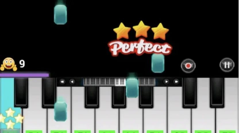 Magic Piano App mit animierten fallenden Noten und farbenfrohen Tasten