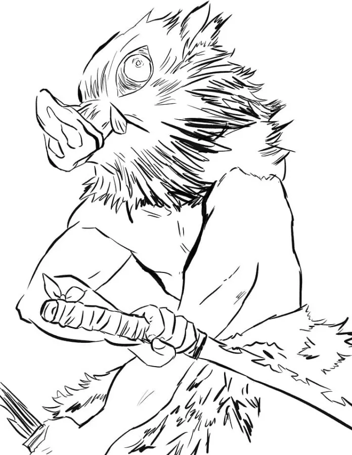 Page à colorier d'Inosuke Hashibira variante 2 en armure complète