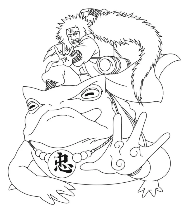Jiraiya transformé en crapaud avec sa coiffure blanche en pointes caractéristique