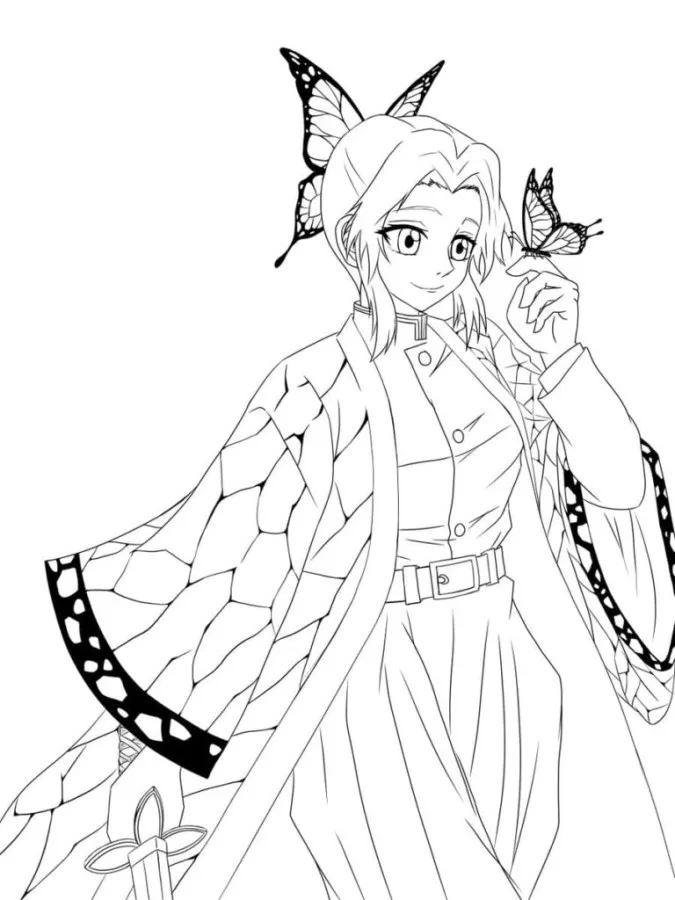 Page à colorier de Kochou Shinobu variante 1 avec design de papillon