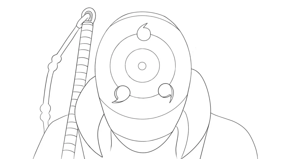 Gros plan de Madara Uchiha avec le Sharingan et ses longs cheveux noirs