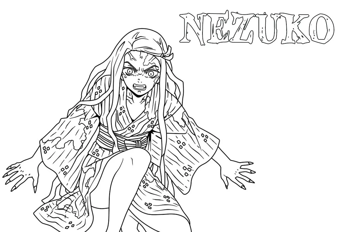 Page à colorier de Nezuko Kamado variante 1 en pose de combat