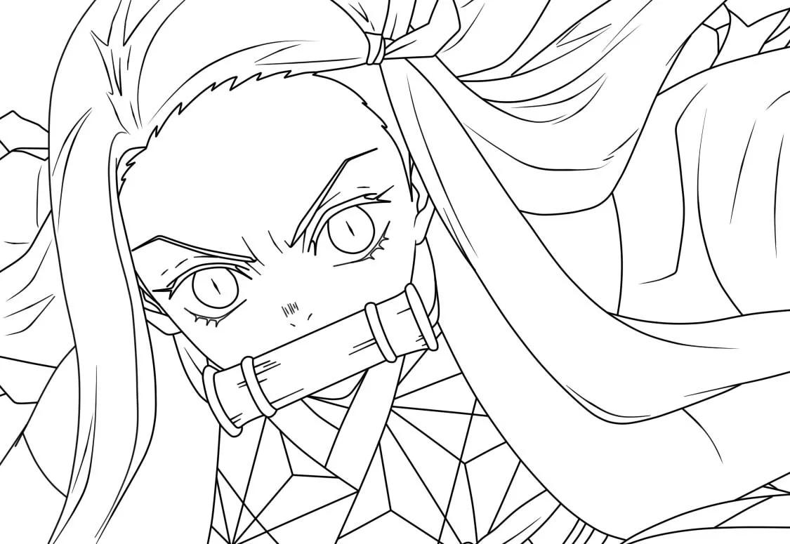 Page à colorier de Nezuko Kamado variante 2 avec bâillon en bambou