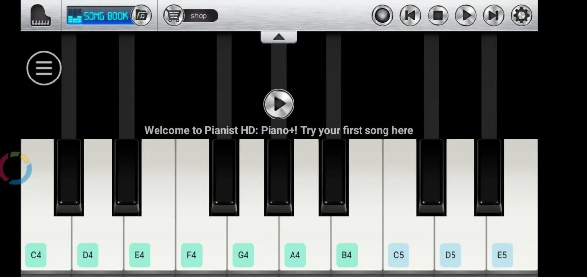 Pianist HD: Piano Plus App-Oberfläche mit Songbibliothek und Wiedergabelisten
