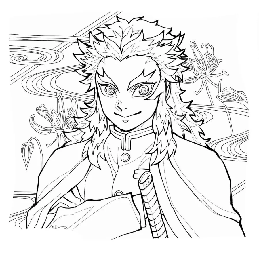 Page à colorier de Rengoku Kyojuro variante 2 en pose héroïque