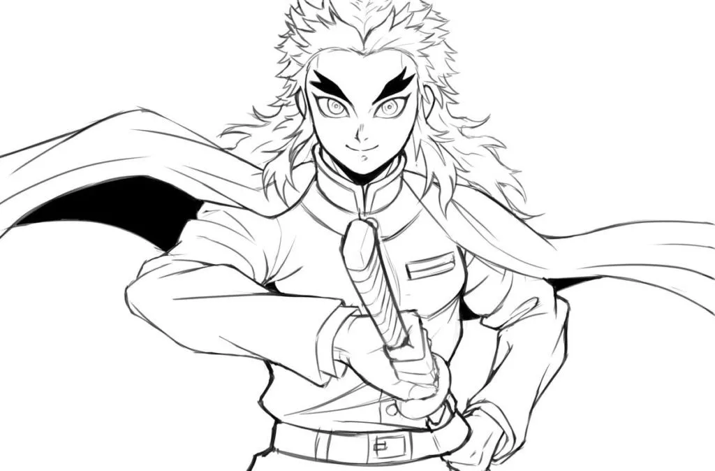 Page à colorier de Rengoku Kyojuro variante 1 avec épée de feu