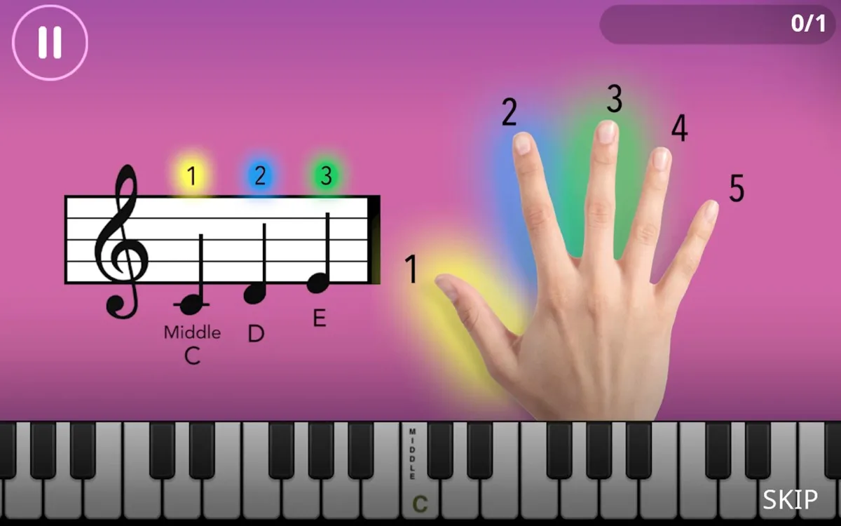 Simply Piano App-Screenshot auf einem Smartphone mit virtueller Klaviertastatur und Übungsanweisungen