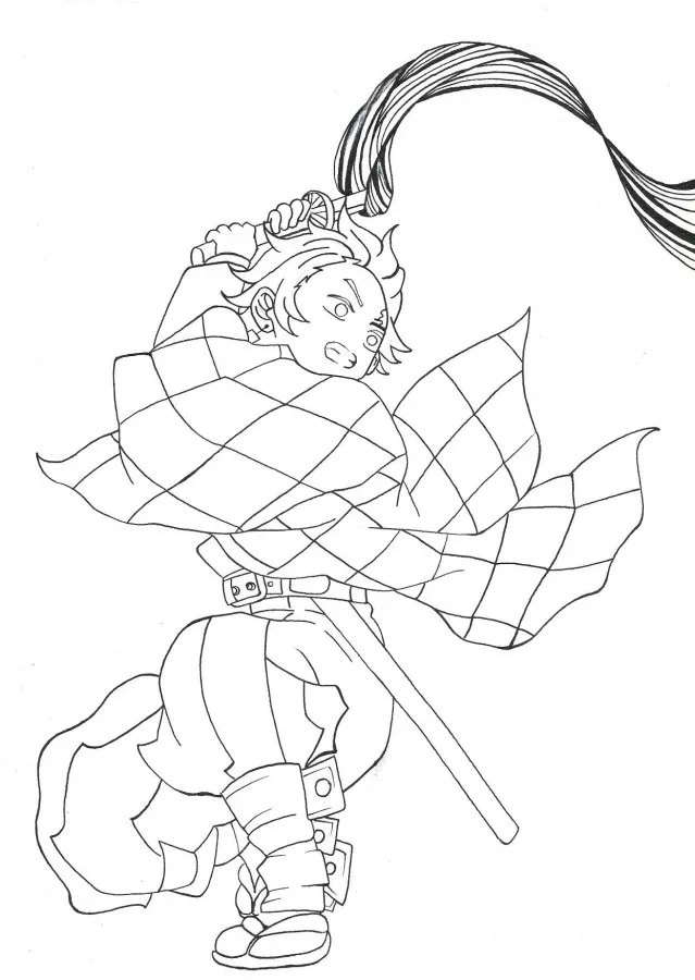Page à colorier de Tanjiro Kamado variante 1 avec motif à carreaux