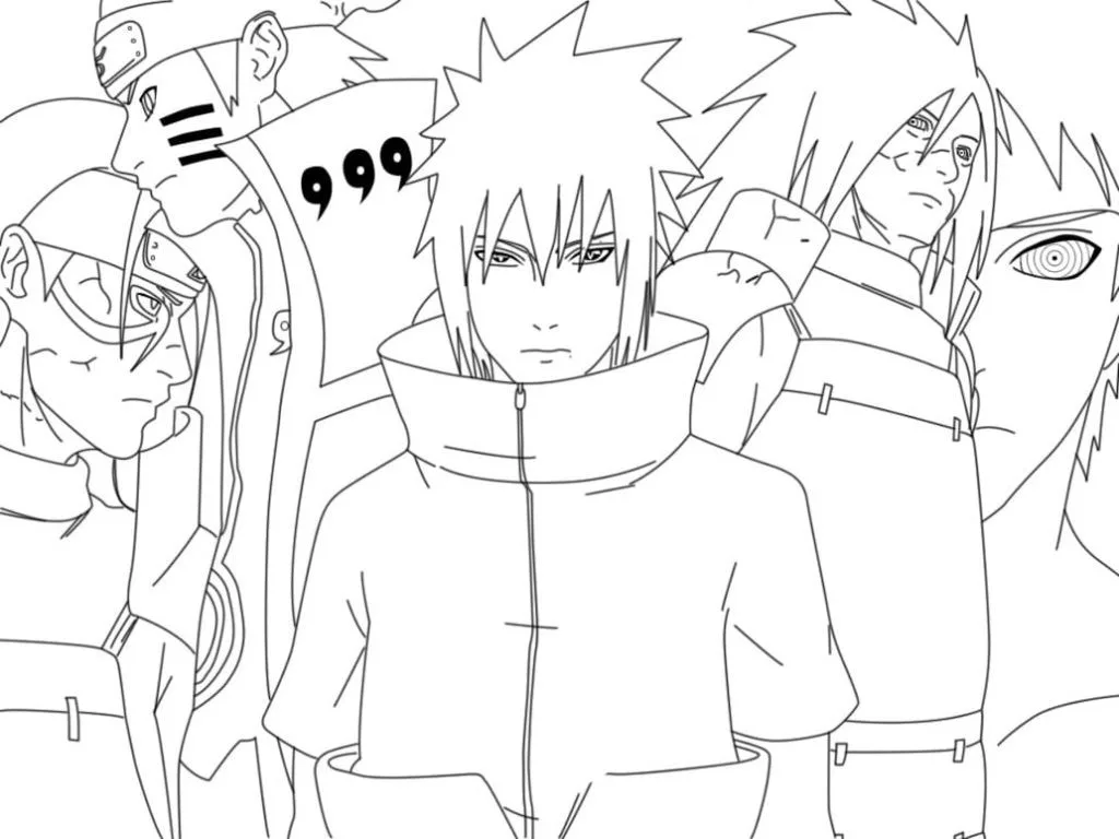 Sasuke Uchiha et son équipe dans des poses de combat prêtes à colorier