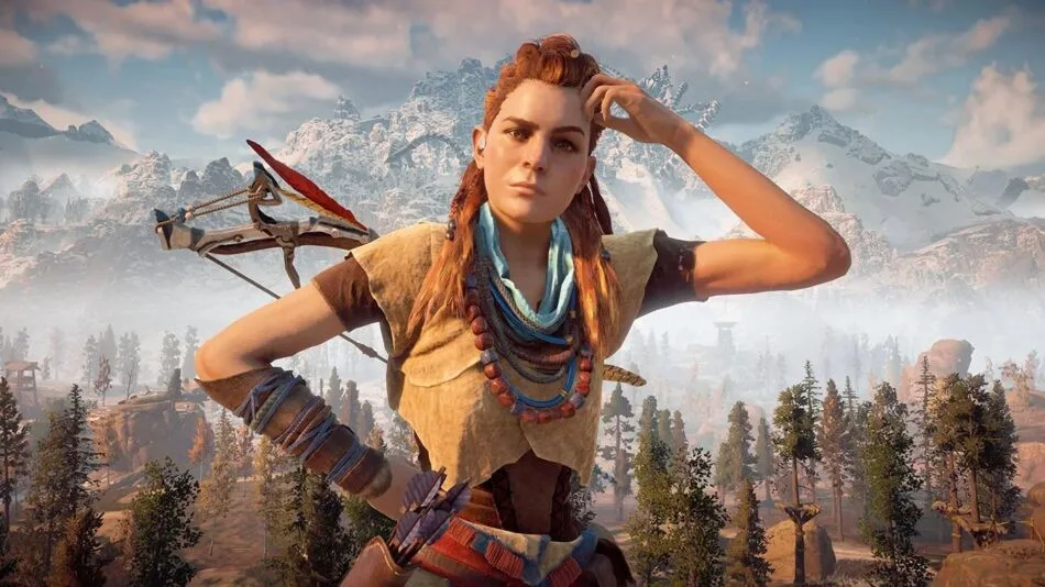 Horizon Zero Dawn e ficção científica Aloy em Horizon Zero Dawn diante de máquinas em mundo pós-apocalíptico