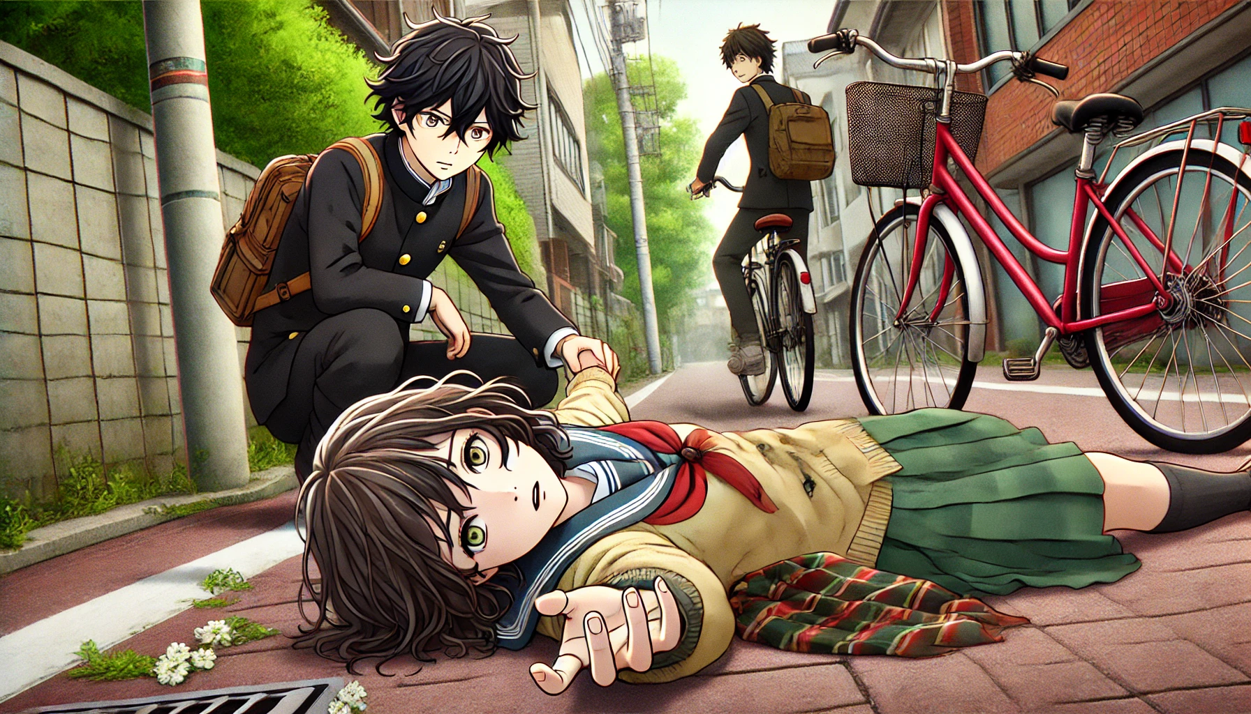 Junko Furuta caindo da bicicleta e recebendo ajuda