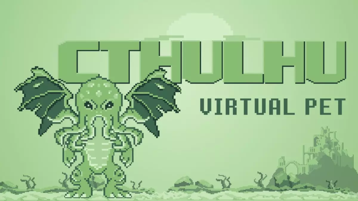 스마트폰 화면에 표시된 Cthulhu Virtual Pet 앱 — 촉수 달린 작은 괴물이 등장하는 다크한 가상 반려동물 게임