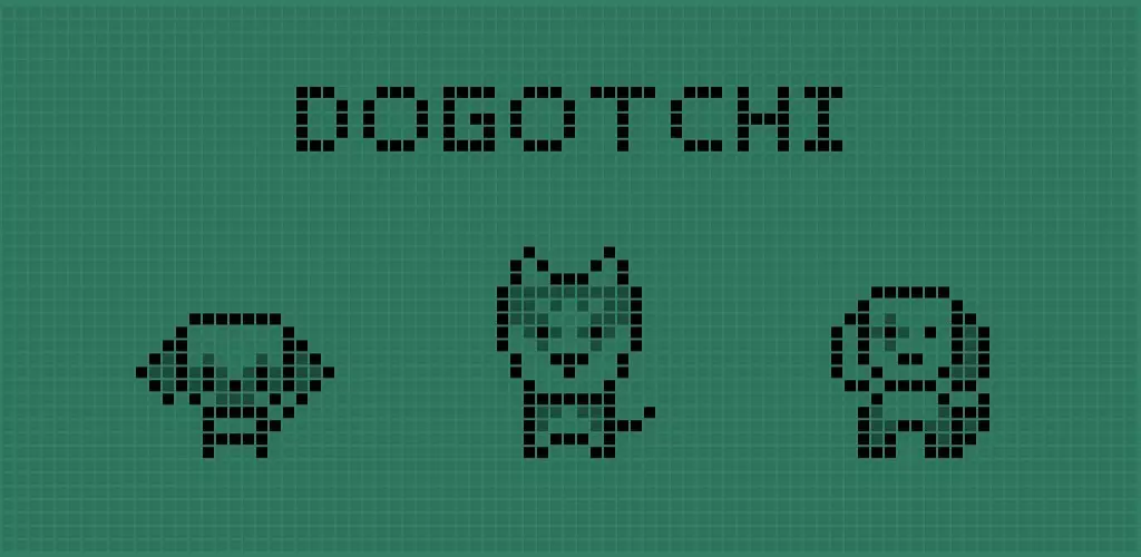 Dogotchi 앱 화면 — 90년대 스타일의 픽셀 디자인으로 표현된 귀여운 강아지 가상 캐릭터