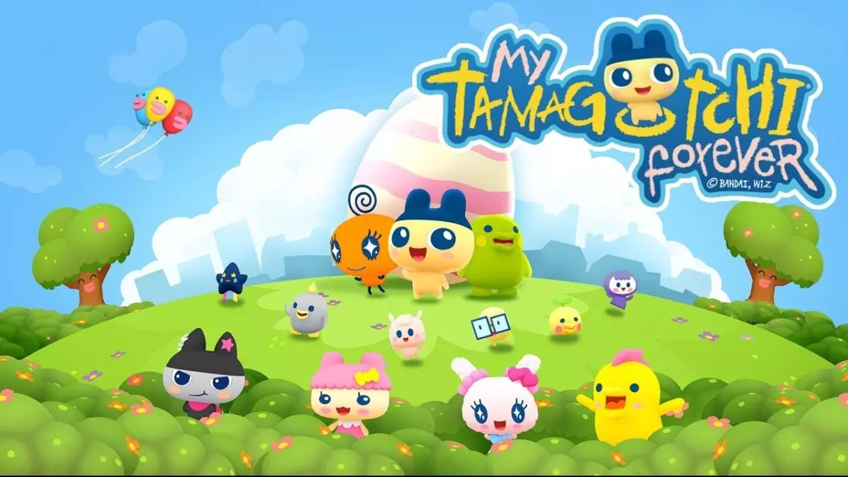 My Tamagotchi Forever 앱 스크린샷 — 픽셀 디자인의 가상 반려동물과 타마타운 마을 풍경