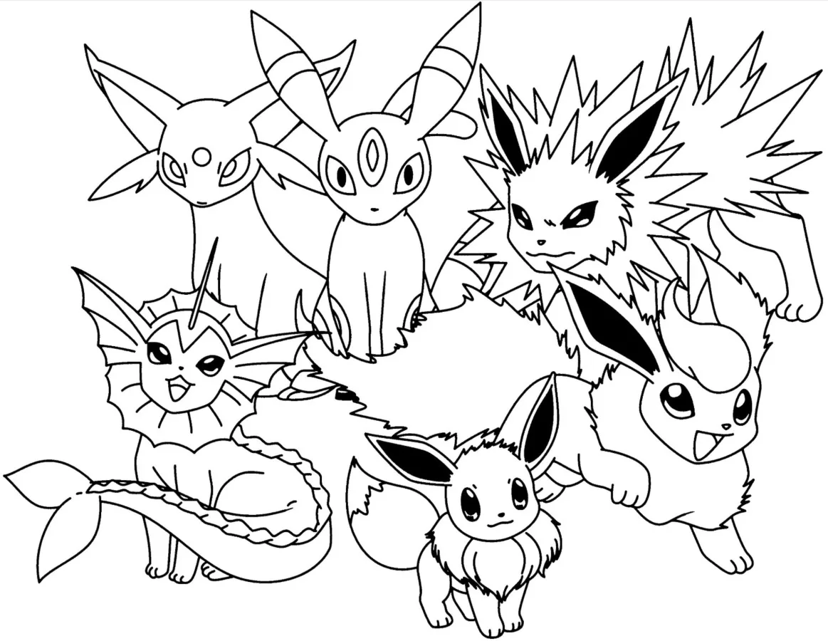 Pagina da colorare Pokémon panoramica con vari tipi di Pokémon