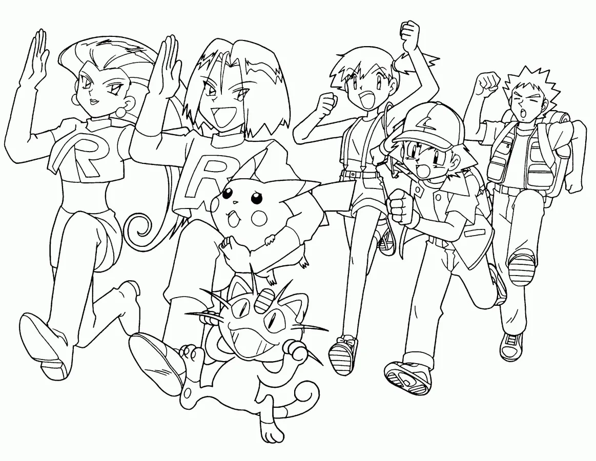 Pagina da colorare Team Rocket con Jessie, James e Meowth