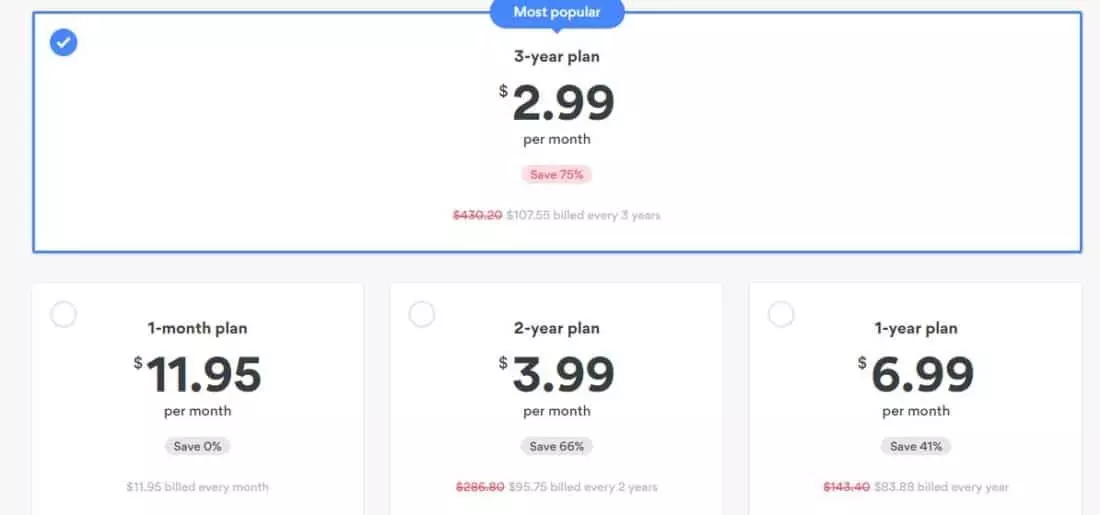Tela de planos do NordVPN mostrando opções de assinatura