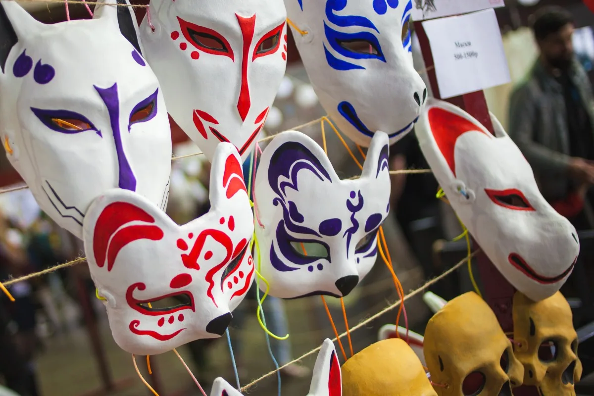 SAINT PETERSBURG, RUSSIA - APRIL 27, 2019: japanese masks souvenir