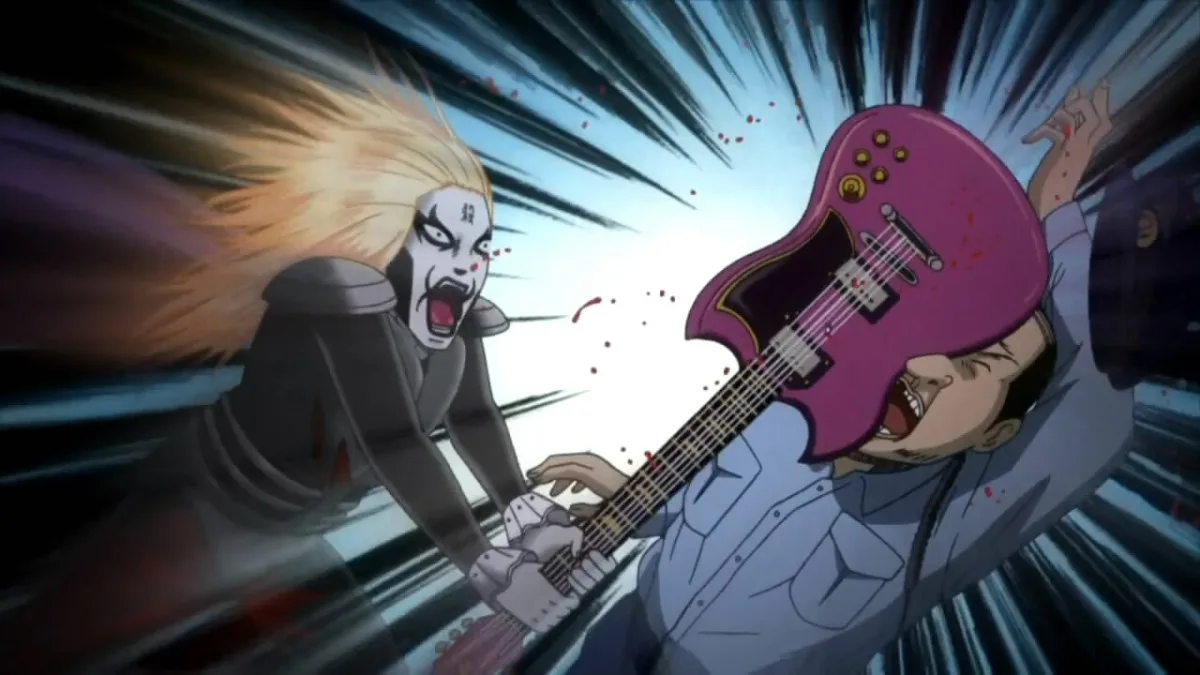 Johannes Krauser II ทาหน้าเป็น Corpse Paint ผมบลอนด์ยาว ฟาดกีตาร์ไฟฟ้าสีชมพูใส่หน้าชายคนหนึ่ง