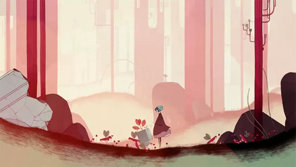 Cena artística de jogo contemplativo com visual colorido