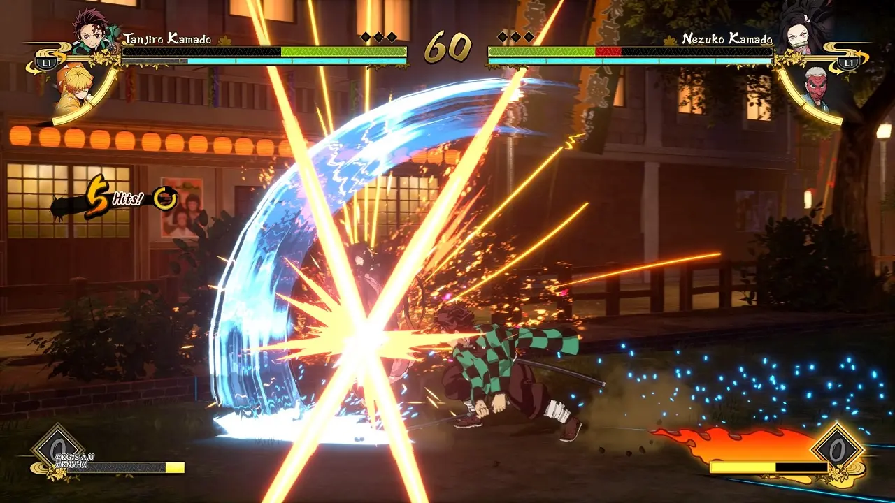 Demon Slayer The Hinokami Chronicles Cena de combate de Demon Slayer The Hinokami Chronicles com efeitos de espada