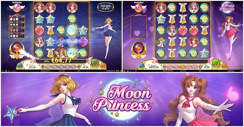 Moon Princess com visual inspirado em anime Tela do slot Moon Princess com personagens femininas em estilo anime