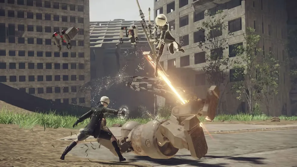NieR Automata no Xbox 2B em NieR Automata durante combate em ambiente pós-apocalíptico