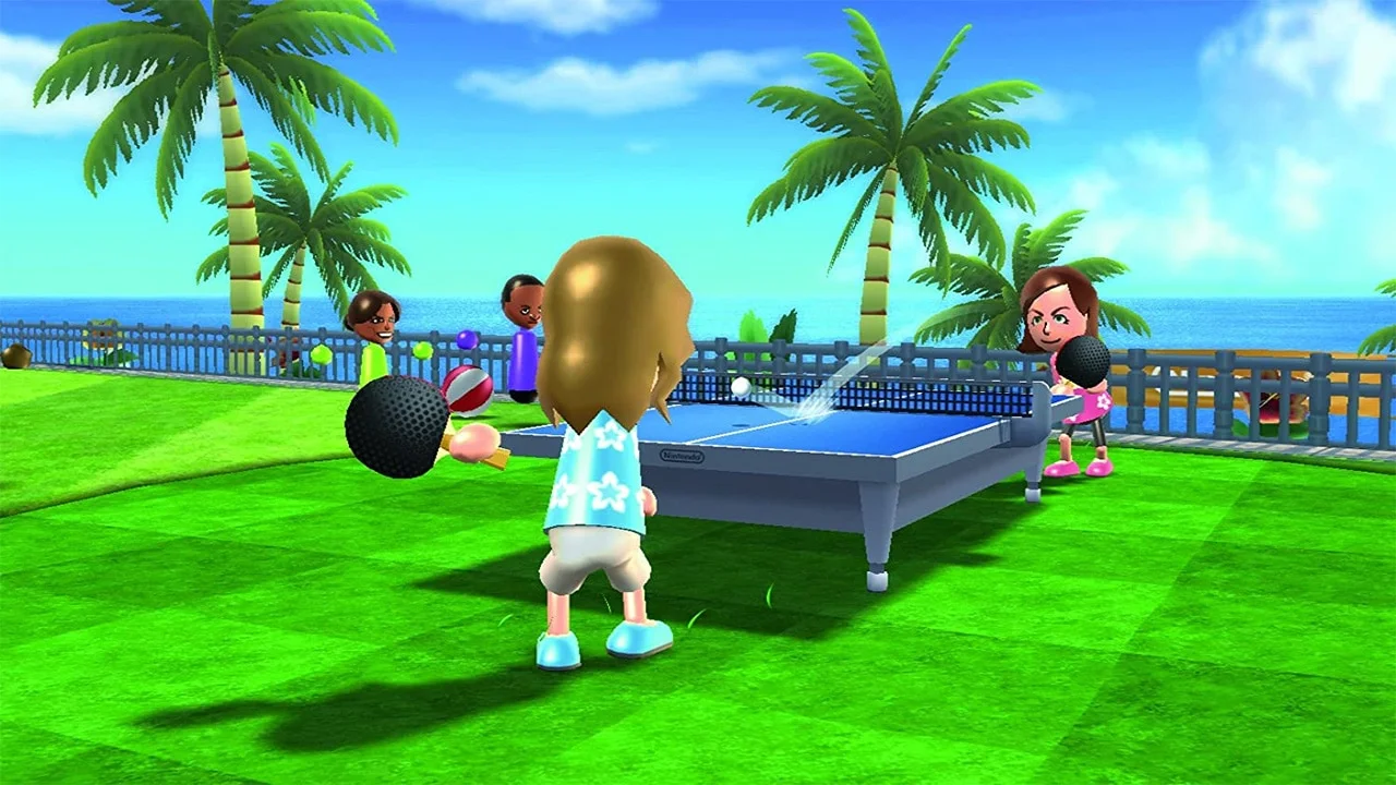 O Wii brilhou com jogos que exploravam movimento e interação Cena promocional de jogo esportivo do Wii com controles por movimento