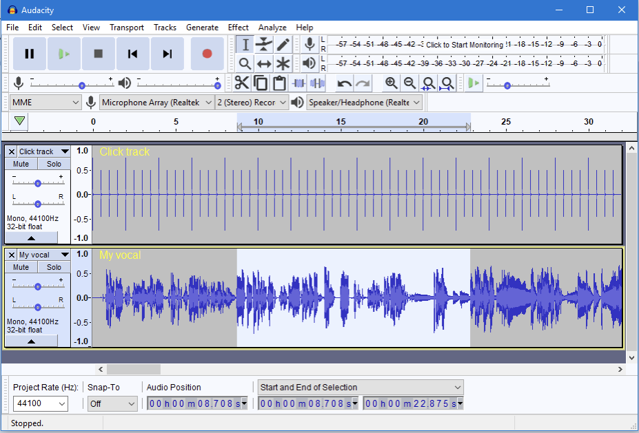Editando áudio no Audacity Editor de áudio aberto no computador com faixa sonora carregada