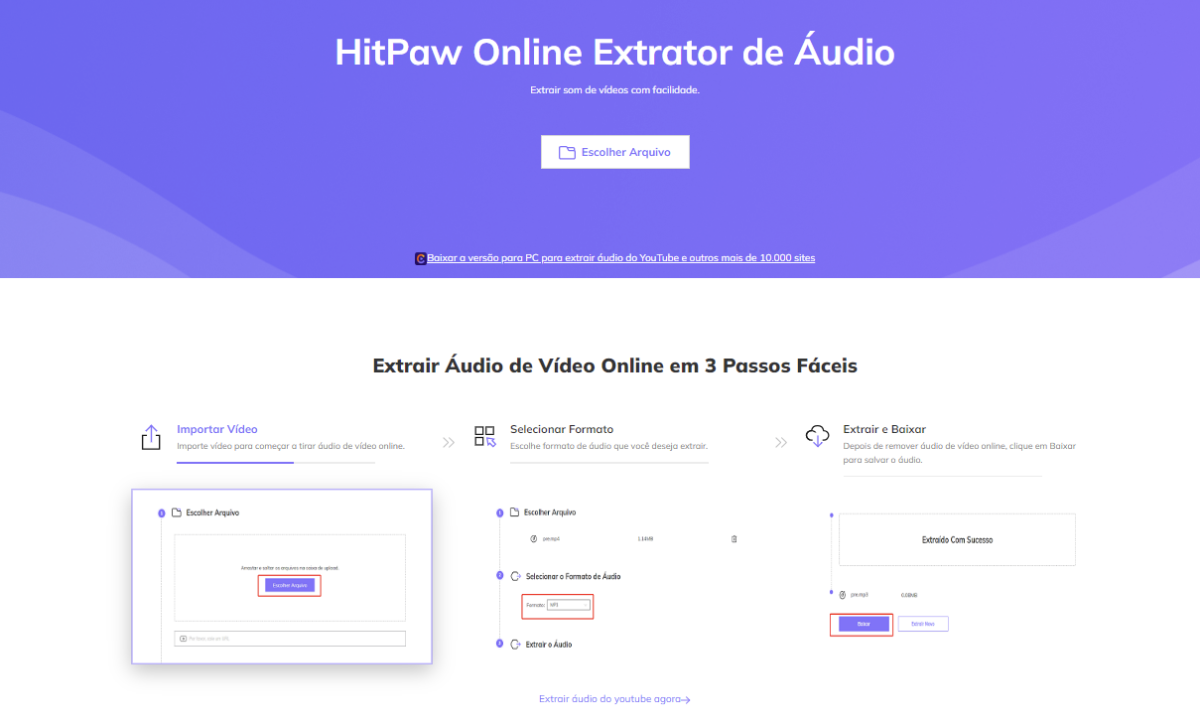 Ferramenta online para extrair áudio Interface de serviço online para separar áudio de vídeo