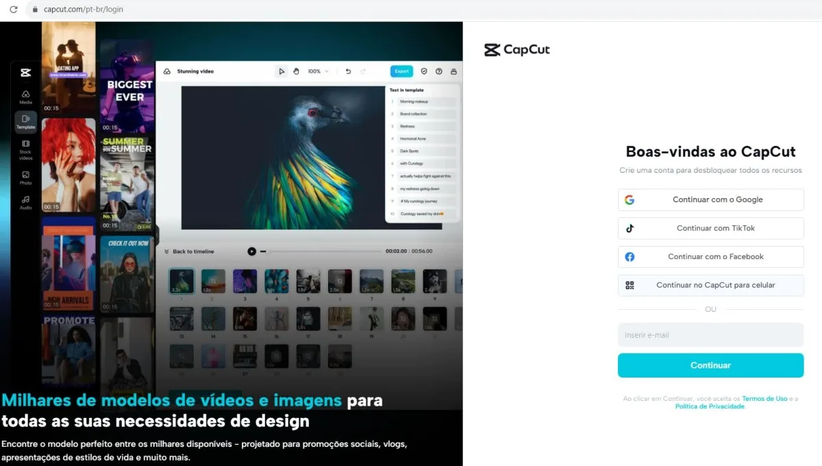 CapCut Online no navegador Tela do CapCut Online em uso no navegador
