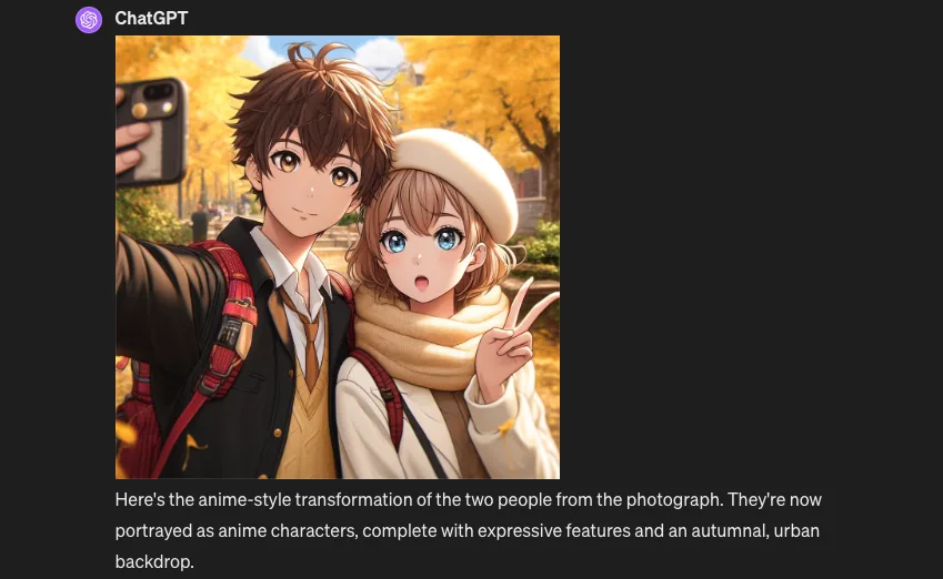 Mit ChatGPT generiertes Anime-Bild: zwei stilisierte Figuren auf Basis eines Selfies