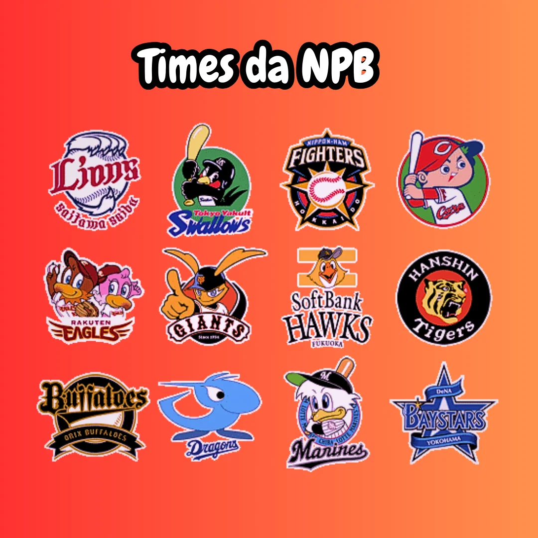 ภาพประกอบคำแนะนำ 12 ทีมเบสบอลหลักของญี่ปุ่นในลีก NPB พร้อมโลโก้และมาสคอตจัดวางรอบสนามเบสบอล