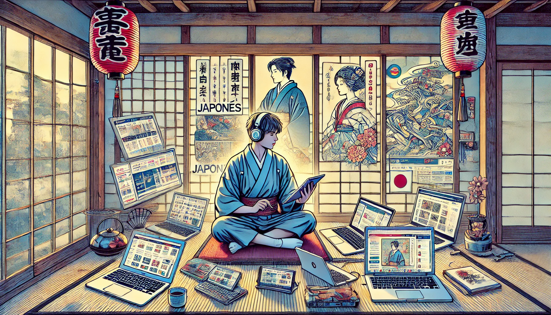 Ferramentas interativas usadas para estudar japonês com revisão e prática