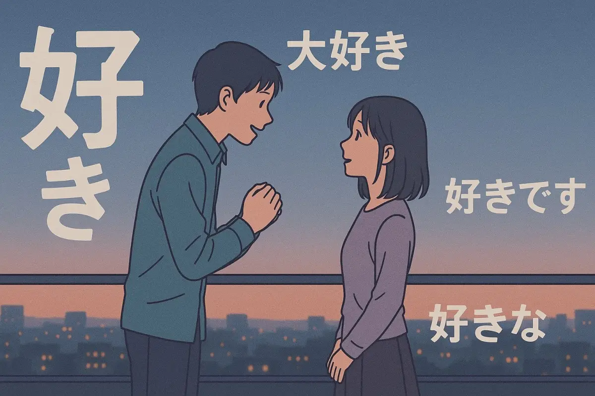 A couple talking in an urban sunset setting.