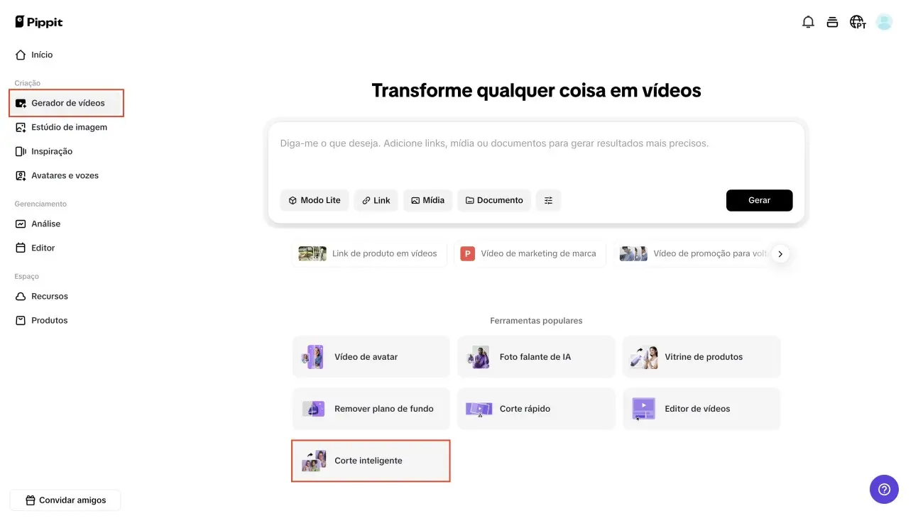 Tela de configuração de corte automático em editor de vídeo por IA, com seleção de formato e proporção