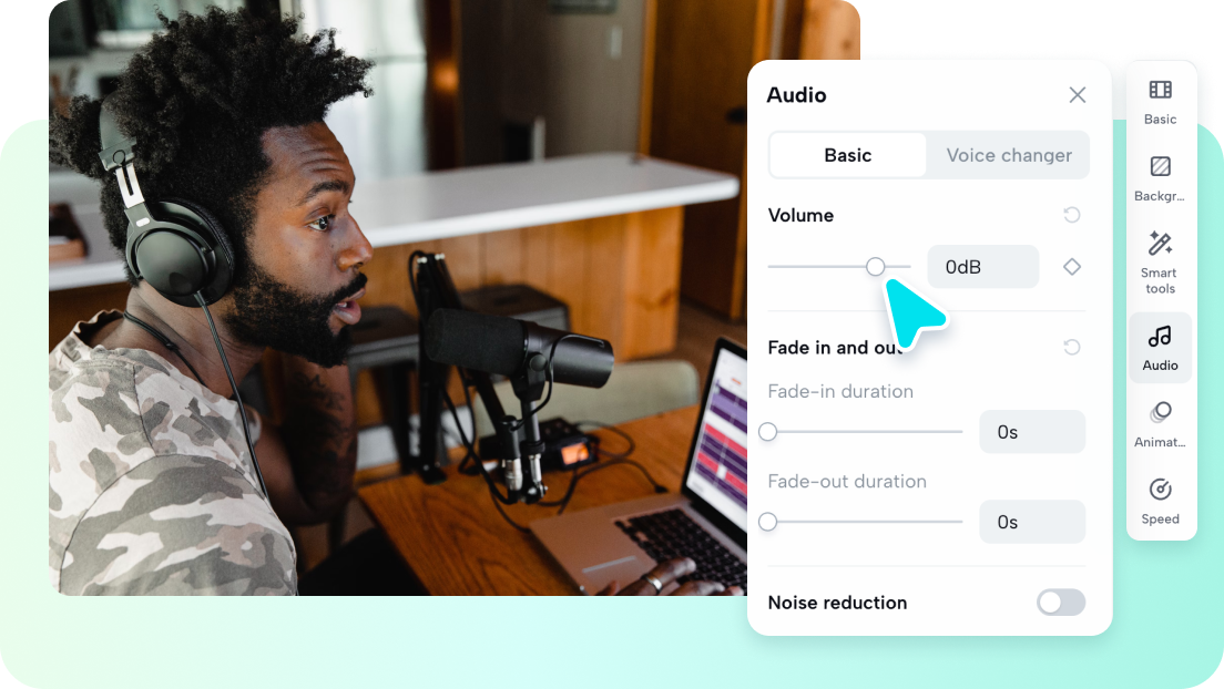 Painel genérico de editor de áudio online com controle de redução de ruído e volume