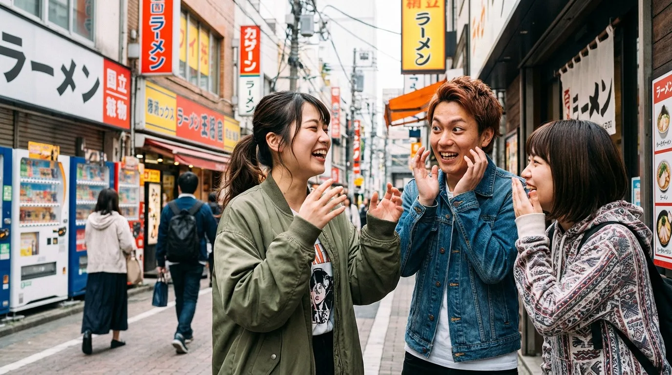 Three friends laughing and chatting on a busy urban street with Japanese signs.