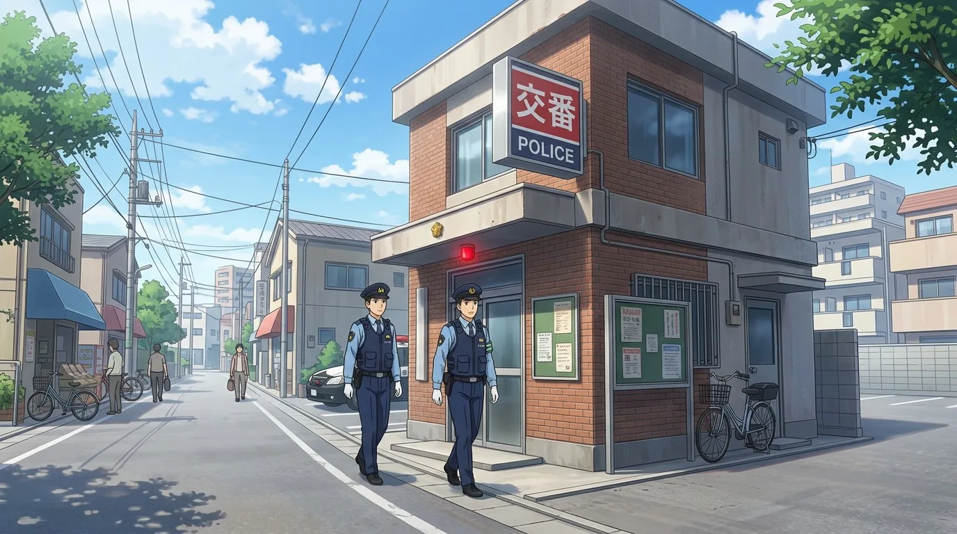 Two police officers walking in front of a small police box in a quiet neighborhood street