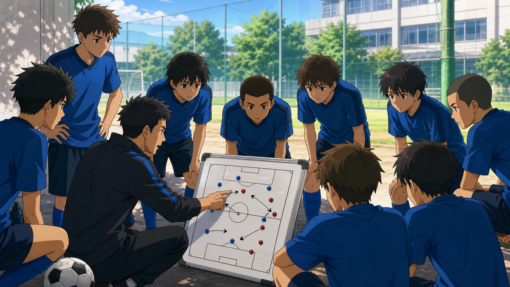 Youth football team discussing tactics in an original sports illustration