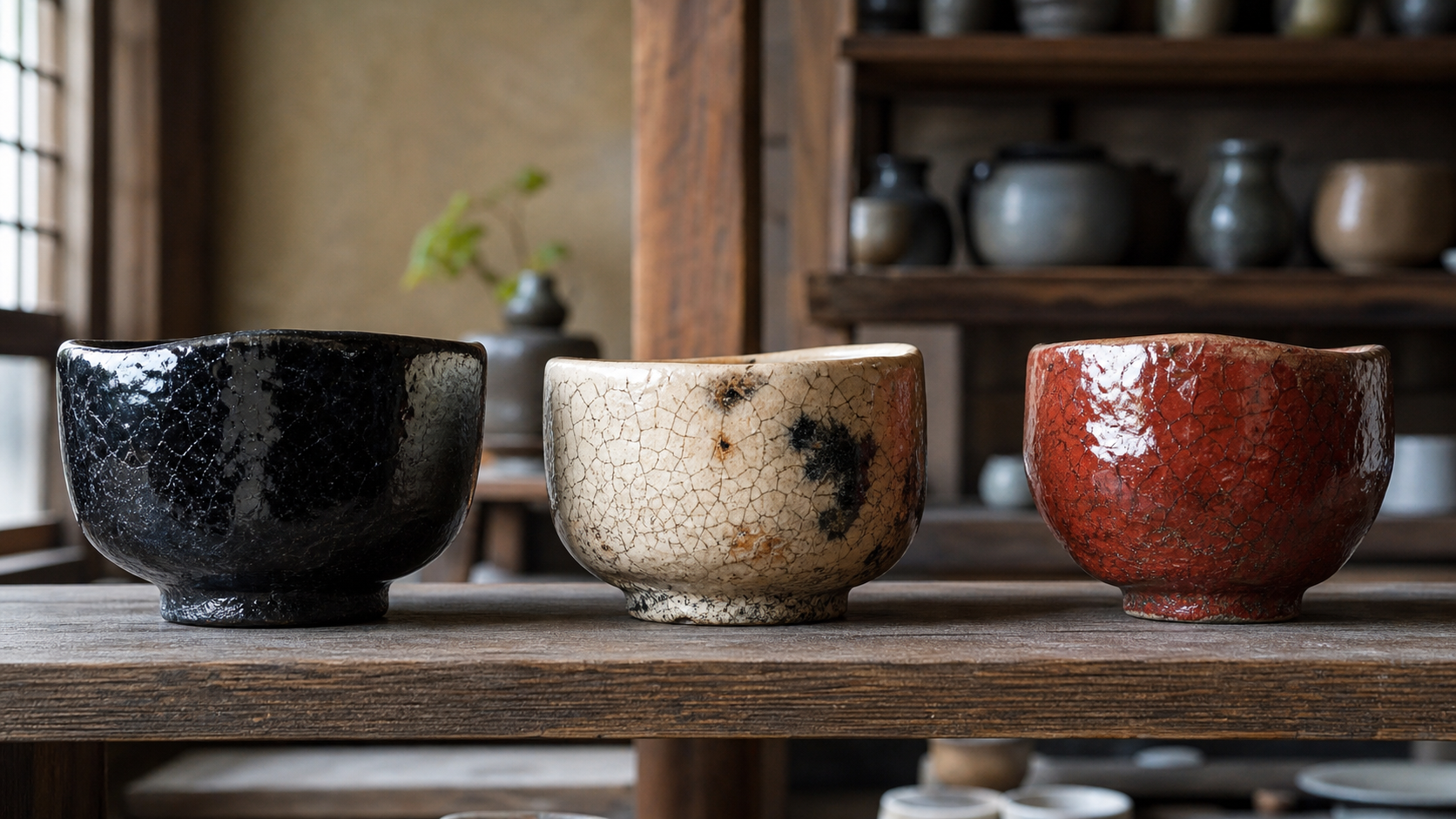 Tres cuencos artesanales raku con esmaltes negro, crema y rojo
