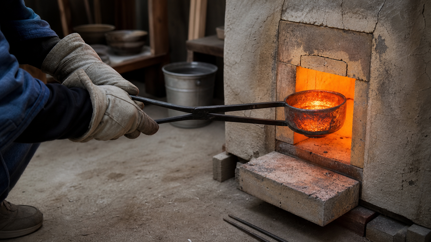 Ceramista retirando con pinzas un cuenco raku incandescente de un horno