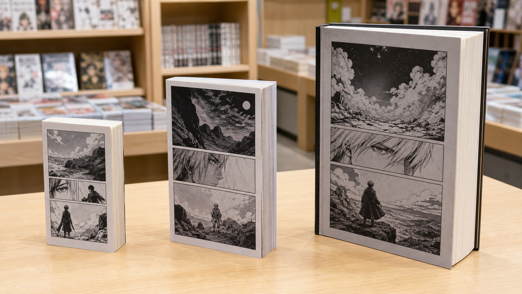 Tres libros genéricos de manga en tamaños compacto, estándar y grande