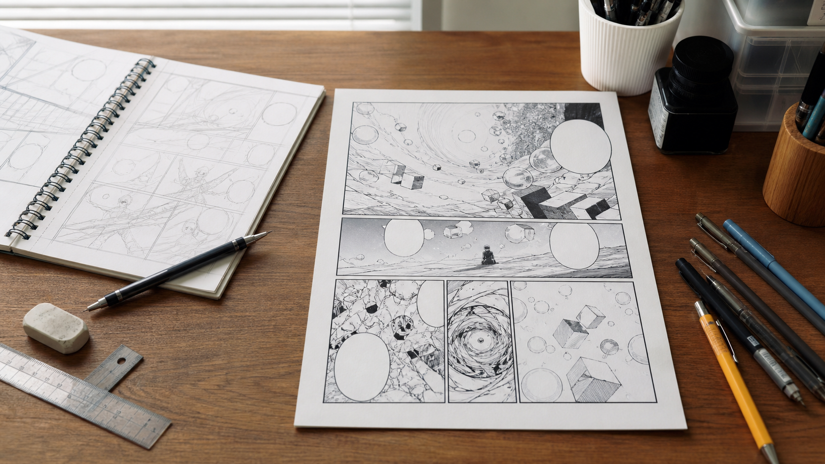 Mesa de artista de manga con página terminada y cuaderno de storyboard