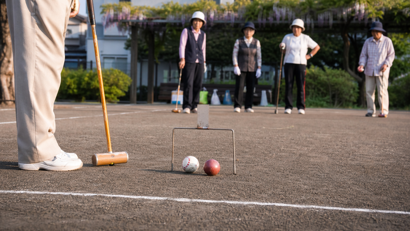 Bolas, arco e mallet durante uma partida de gateball em um parque japonês